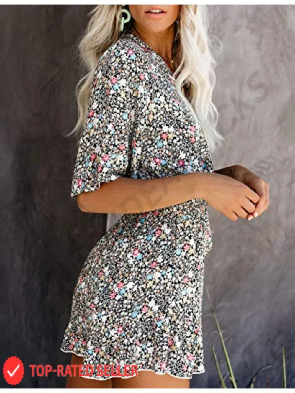 Women's Floral Print V-Neck Flared Half Sleeve Ruffle Casual Romper Jumpsuit